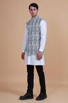 Raghavendra Rathore Blue_Black Suiting And Cotton Print Geometric Bundi Kurta Set _Online_at_Aza_Fashions