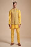 Buy_Raghavendra Rathore Blue_Yellow Linen And Cotton Print Geometric Bundi Kurta Set _at_Aza_Fashions