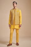 Raghavendra Rathore Blue_Yellow Linen And Cotton Print Geometric Bundi Kurta Set _Online_at_Aza_Fashions