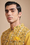 Shop_Raghavendra Rathore Blue_Yellow Linen And Cotton Print Geometric Bundi Kurta Set _Online_at_Aza_Fashions