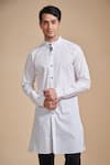 Raghavendra Rathore Blue_White Cotton Plain Mandarin Collar Kurta Set _Online_at_Aza_Fashions