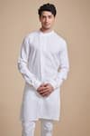 Buy_Raghavendra Rathore Blue_White Linen Mandarin Collar Kurta _Online_at_Aza_Fashions