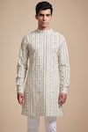 Raghavendra Rathore Blue_Beige Cotton Poplin Printed Linear Short Kurta Set _Online_at_Aza_Fashions