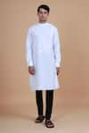 Buy_Raghavendra Rathore Blue_White Cotton Satin Plain Mandarin Collar Kurta _at_Aza_Fashions