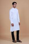 Raghavendra Rathore Blue_White , Satin Plain Mandarin Collar Kurta Set_Online_at_Aza_Fashions