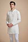 Shop_Raghavendra Rathore Blue_Off White Linen Mandarin Collar Kurta _at_Aza_Fashions
