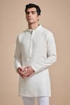 Shop_Raghavendra Rathore Blue_White Linen Plain Mandarin Collar Kurta Set _at_Aza_Fashions