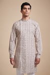 Raghavendra Rathore Blue_Peach Cotton Poplin Printed Linear Kurta _Online_at_Aza_Fashions