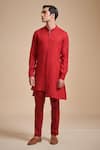 Buy_Raghavendra Rathore Blue_Red Linen Mandarin Collar Kurta _at_Aza_Fashions