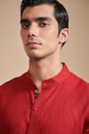 Raghavendra Rathore Blue_Red Linen Mandarin Collar Kurta _at_Aza_Fashions