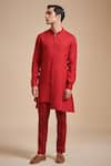 Buy_Raghavendra Rathore Blue_Red Linen Plain Mandarin Collar Kurta Set _at_Aza_Fashions