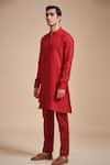 Raghavendra Rathore Blue_Red Linen Plain Mandarin Collar Kurta Set _Online_at_Aza_Fashions