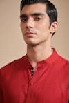 Shop_Raghavendra Rathore Blue_Red Linen Plain Mandarin Collar Kurta Set _Online_at_Aza_Fashions