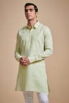 Shop_Raghavendra Rathore Blue_Beige Linen Plain Pintuck Kurta Set _at_Aza_Fashions