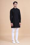 Raghavendra Rathore Blue_Black Cotton Plain Mandarin Collar Kurta _Online_at_Aza_Fashions