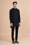 Raghavendra Rathore Blue_Black Cotton Plain Mandarin Collar Kurta _Online_at_Aza_Fashions