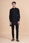 Buy_Raghavendra Rathore Blue_Black Cotton Plain Mandarin Collar Kurta _Online_at_Aza_Fashions