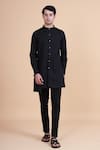 Shop_Raghavendra Rathore Blue_Black Cotton Plain Mandarin Collar Kurta _Online_at_Aza_Fashions
