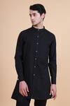 Raghavendra Rathore Blue_Black Cotton Plain Mandarin Collar Kurta _at_Aza_Fashions