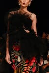 Shop_Varun Bahl_Black Tulle Embroidered Floral Ruffle Corset Top And Skirt Set  _at_Aza_Fashions