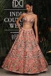 Buy_Varun Bahl_Pink Raw Silk, Organza Floral V Neck Embroidered Lehenga And Blouse Set _at_Aza_Fashions