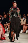 Buy_Varun Bahl_Black Viscose Crepe Embroidered Floral Jacket Open Layered Dress With  _at_Aza_Fashions