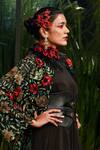 Shop_Varun Bahl_Black Viscose Crepe Embroidered Floral Jacket Open Layered Dress With  _at_Aza_Fashions