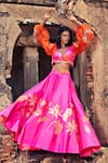 Buy_Archana Shah_Pink Organza, Bemberg Silk Sequin V Neck Lehenga And Puff Sleeve Blouse Set_at_Aza_Fashions