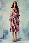 Buy_PUNIT BALANA_Multi Color Satin Silk Printed Striped Asymmetric Dress With Resham Work Belt _at_Aza_Fashions