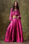 Buy_PUNIT BALANA_Pink Satin Silk Printed Resham Work V Neck Skirt And Crop Top Set _at_Aza_Fashions