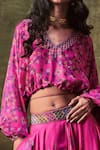 Shop_PUNIT BALANA_Pink Satin Silk Printed Resham Work V Neck Skirt And Crop Top Set _at_Aza_Fashions