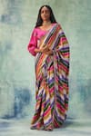 Buy_PUNIT BALANA_Multi Color Satin Silk Printed Resham And Coin Work Striped Saree With Blouse  _at_Aza_Fashions