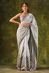 Buy_PUNIT BALANA_Grey Organza Silk Printed Resham And Mirror Work Saree With Strappy Blouse _at_Aza_Fashions