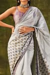 Shop_PUNIT BALANA_Grey Organza Silk Printed Resham And Mirror Work Saree With Strappy Blouse _at_Aza_Fashions