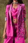 Shop_PUNIT BALANA_Pink Satin Silk Printed Leaf Notched Collar Jacket And Pant Set _at_Aza_Fashions