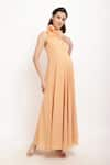 Ranng Label_Orange Poly Georgette V Neck Dress With Scarf _Online_at_Aza_Fashions