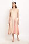 Buy_Ranng Label_Beige Rayon Slub V Neck Flared Dress _Online_at_Aza_Fashions