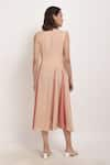 Shop_Ranng Label_Beige Rayon Slub V Neck Flared Dress _at_Aza_Fashions