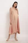 Ranng Label_Beige Rayon Slub V Neck Flared Dress _Online_at_Aza_Fashions