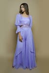 Buy_Ahi Clothing_Purple Viscose Organza Lining- Heavy Balloon Sleeves Cape And Palazzo Set _at_Aza_Fashions