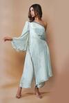 Shop_Ahi Clothing_Blue Tissue Silk Lining- Heavy Shantoon Thread, Moti, Kimono And Palazzo Set_Online_at_Aza_Fashions