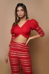 Ahi Clothing_Red Viscose Organza Lining- Heavy Shantoon Puff Sleeves Bustier Palazzo Set _at_Aza_Fashions