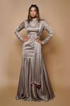 Buy_Ahi Clothing_Grey Silk Lining- Heavy Shantoon Embroidery Zardozi High Kurta Lehenga Set _at_Aza_Fashions