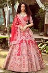 Buy_Pallavi Poddar_Red Dupatta Tulle, Lehenga And Blouse Raw Mayuri Floral Embroidered Bridal Set_at_Aza_Fashions