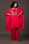 Buy_Prahnaaya_Pink Satin Sequin And Thread Round Kaftan Kurta & Palazzo Set_at_Aza_Fashions