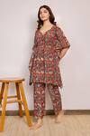 Pheeta Maroon Cotton Hand Block Print Floral Motifs V Neck Kaftan And Pant Set Online at Aza Fashions Pheeta_Maroon Cotton Hand Block Print Floral Motifs V Neck Kaftan And Pant Set _Online_at_Aza_Fashions