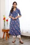 Buy_Pheeta_Blue Cotton Printed Floral V Neck Kurta And Pant Set _at_Aza_Fashions