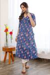 Pheeta_Blue Cotton Printed Floral V Neck Kurta And Pant Set _Online_at_Aza_Fashions