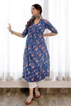 Buy_Pheeta_Blue Cotton Printed Floral V Neck Kurta And Pant Set _Online_at_Aza_Fashions