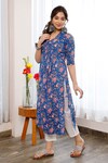 Shop_Pheeta_Blue Cotton Printed Floral V Neck Kurta And Pant Set _Online_at_Aza_Fashions